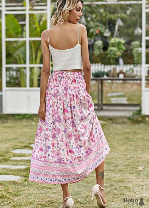 Boho Skirts in Smocked Waist, Bird Garden in Pink Purple For Women